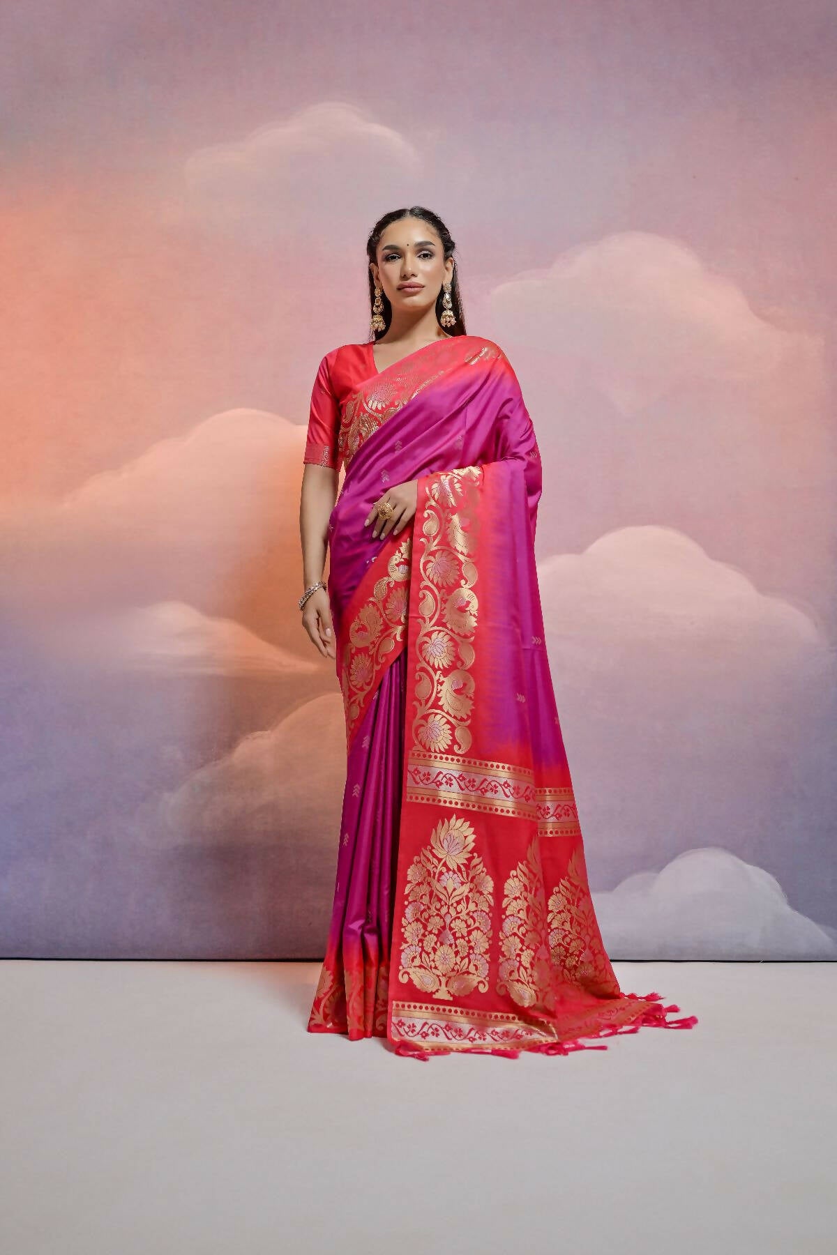 Vishnu Weaves Women's Wine Soft Silk Zari Woven Saree with Blouse - Distacart