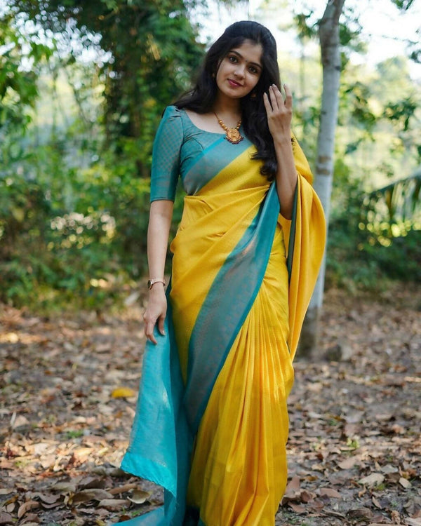 DEIANA'S Beautiful Golden Jari with New Design Soft Lichi Silk Saree - Yellow - Distacart