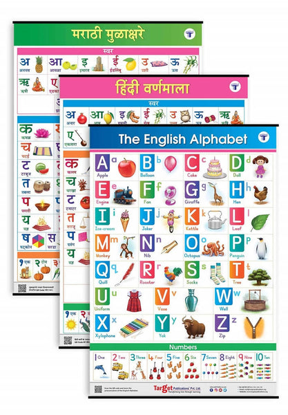 Jumbo English, Hindi and Marathi Alphabet and Number Charts for Kids