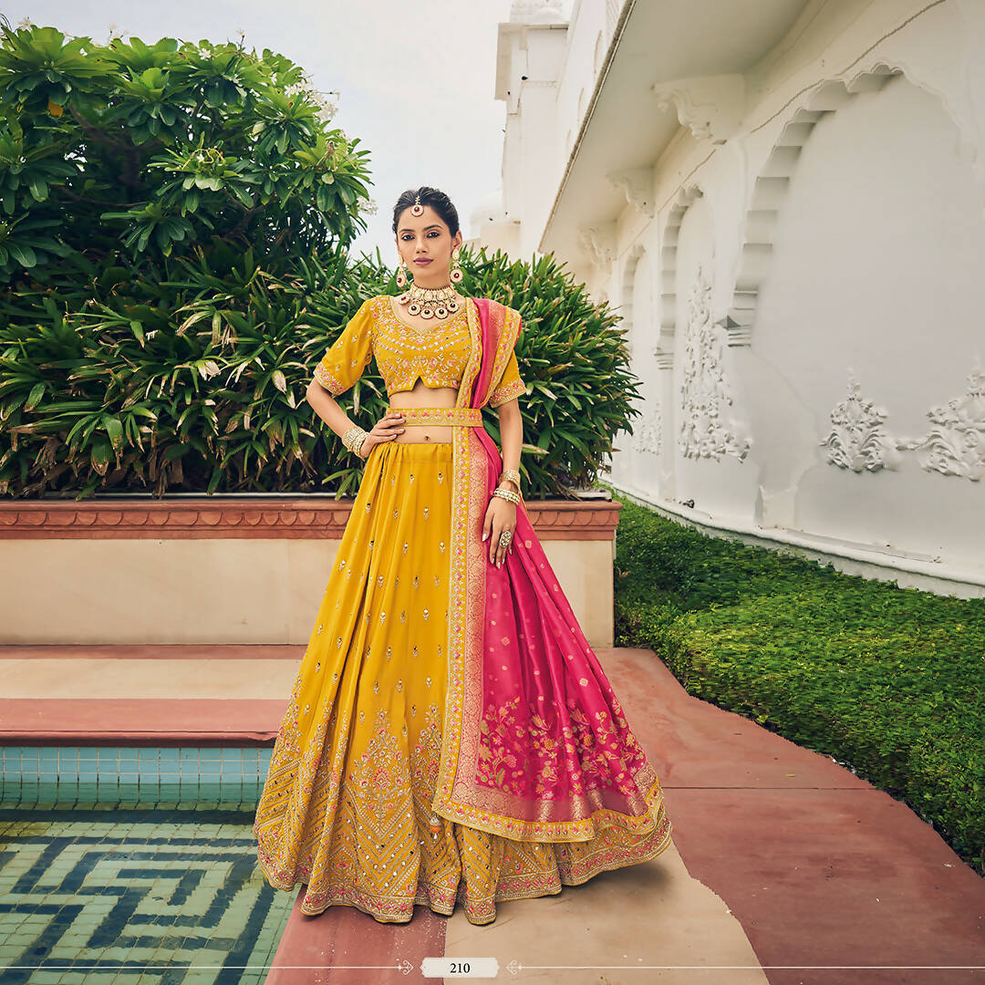 Yellow Heavy Viscose Khatli, Embroidery & Mirror Work Unstitched Lehenga Choli - Sisha Keshav - Distacart