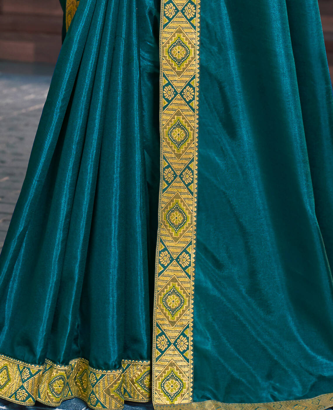 Teal Solid Vichitra Saree With Unstitched Blouse Piece - Selena - Distacart