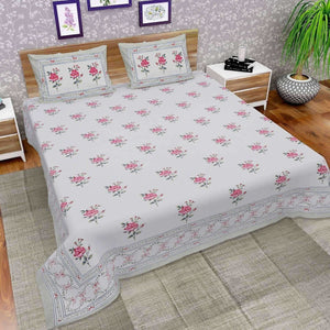 Hand Block Printed Double/Queen 90x108 Inches Bedsheet/Bedspread with 2 Pillow Covers - Distacart