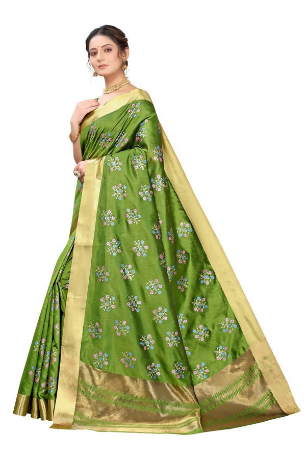 Vamika Green Cotton Polyster Silk Weaving Saree (Kerala Cherry)