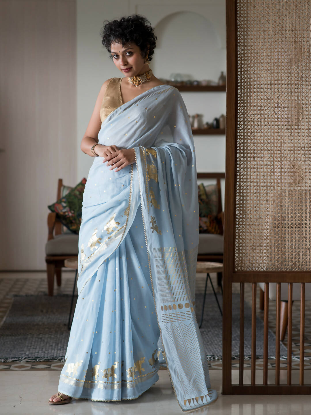 Suta Blue Floral Cotton Blend Saree - Distacart