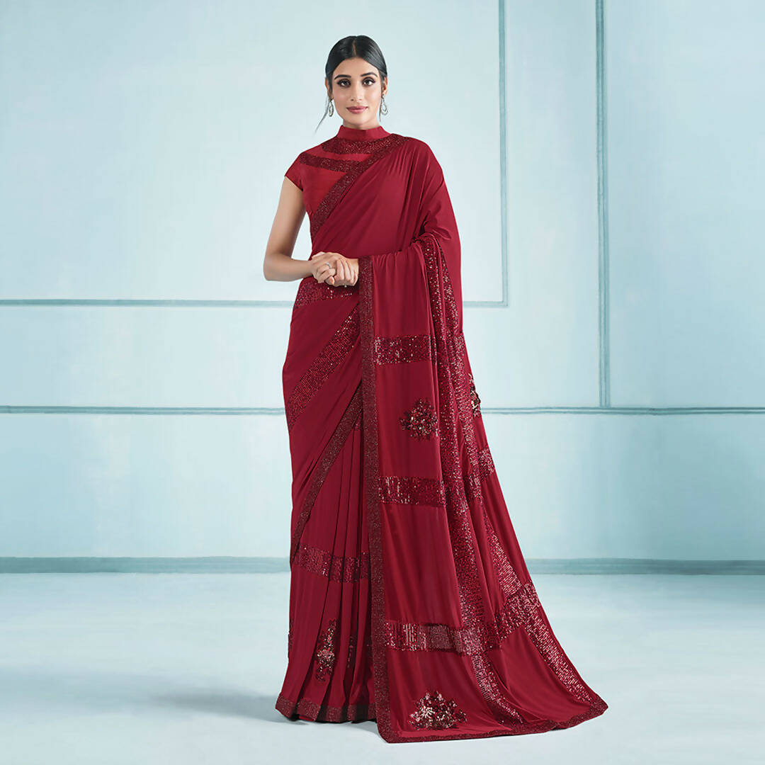 Red Lycra Sequence Embroidery Saree with Unstitched Blouse Piece - Norita Elaura - Distacart