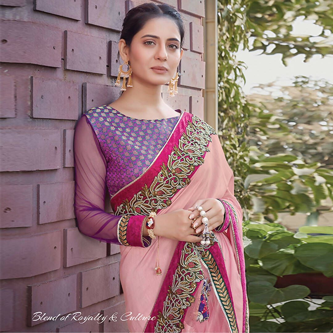 Pink Colored Silk Georgette Embroidered Saree With Blouse - Norita Royal Adveka - Distacart