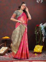 Thumbnail for Lorenvalley Fashion Pink Kanjivaram Silk Woven Design with Zari Weaving Saree - Distacart