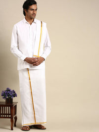 Thumbnail for Ramraj Cotton Premium Wedding White Regular Dhoti, Shirt & Towel Set Arathi 1/2