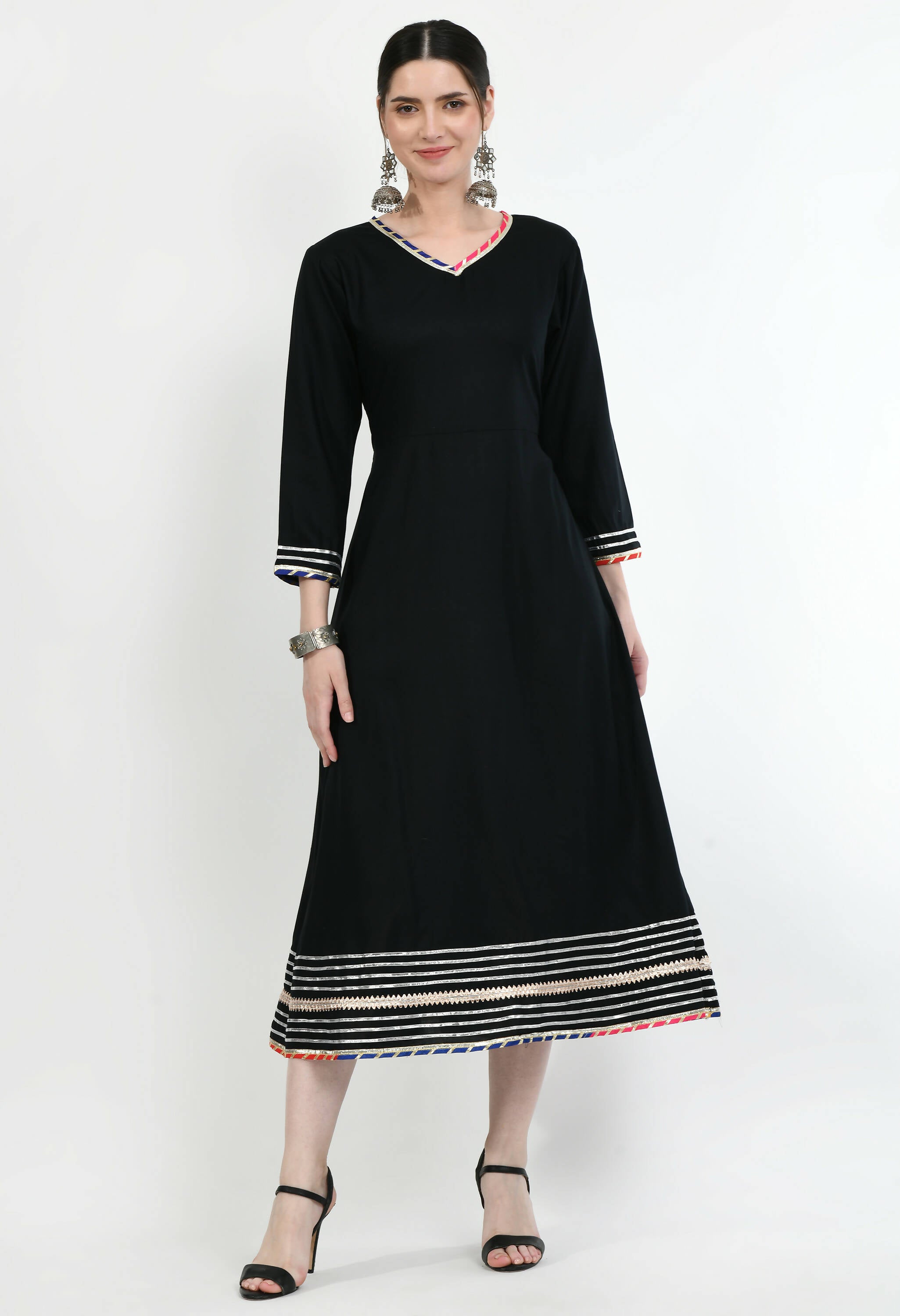 Women's Black Rayon Dress Embellished With Gota Work And Multi Lace - G & A Apparels - Distacart