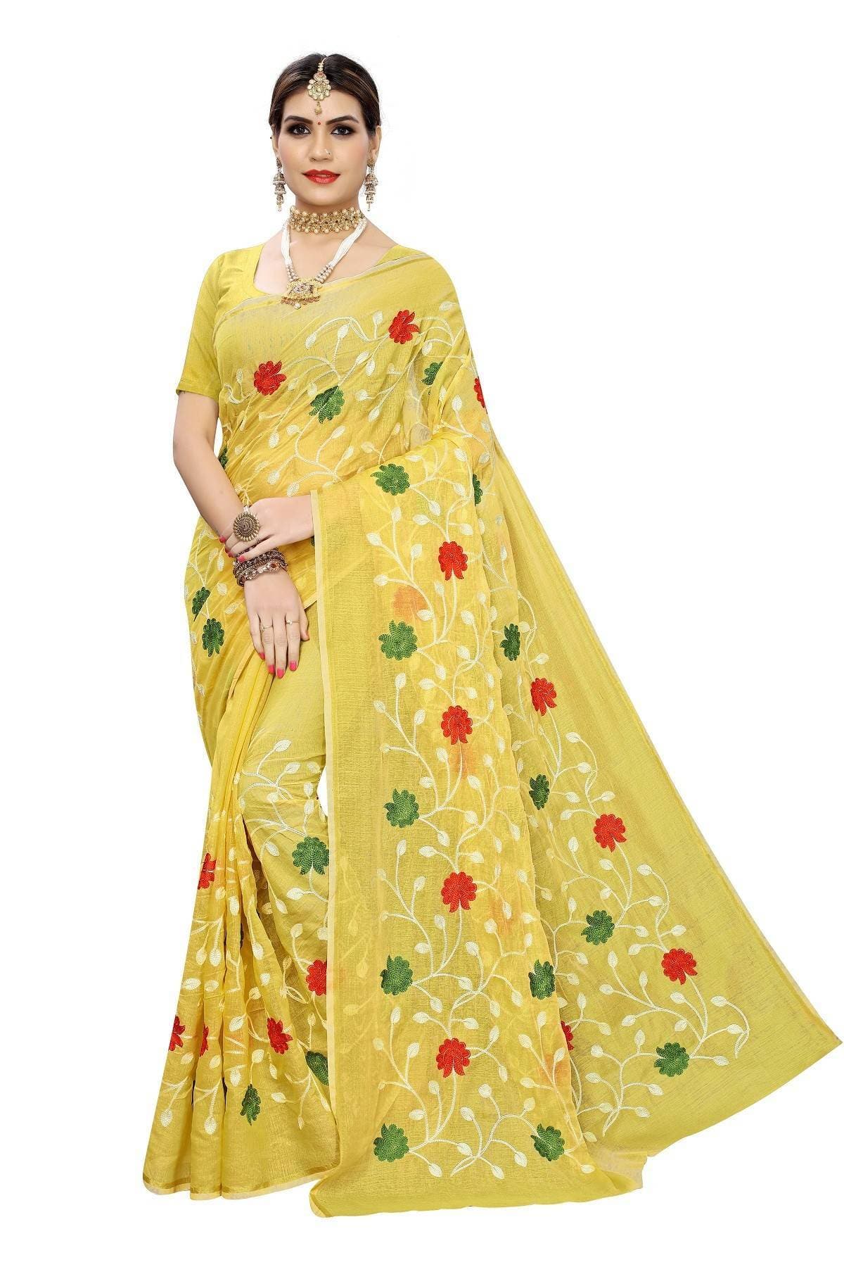 Vamika Yellow Chanderi Cotton Embroidery Saree
