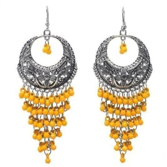 Oxidized Yellow Jhalar Long Drop Party Beads Alloy Chandbali Earrings