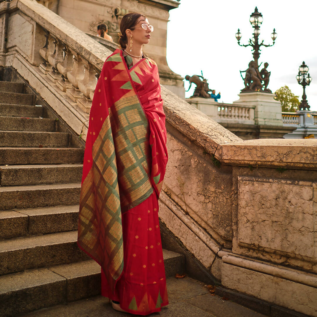 Chilli Red Handloom Khaddi Silk Saree With Contrast Pallu & Blouse - Rajtex Khwaab Silk - Distacart