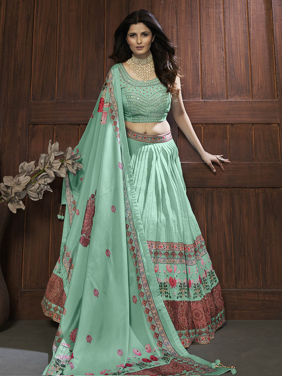Myra Sea Green Chinon Embroidered Designer Lehenga - Distacart