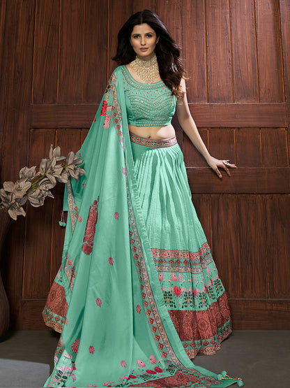 Myra Sea Green Chinon Embroidered Designer Lehenga - Distacart