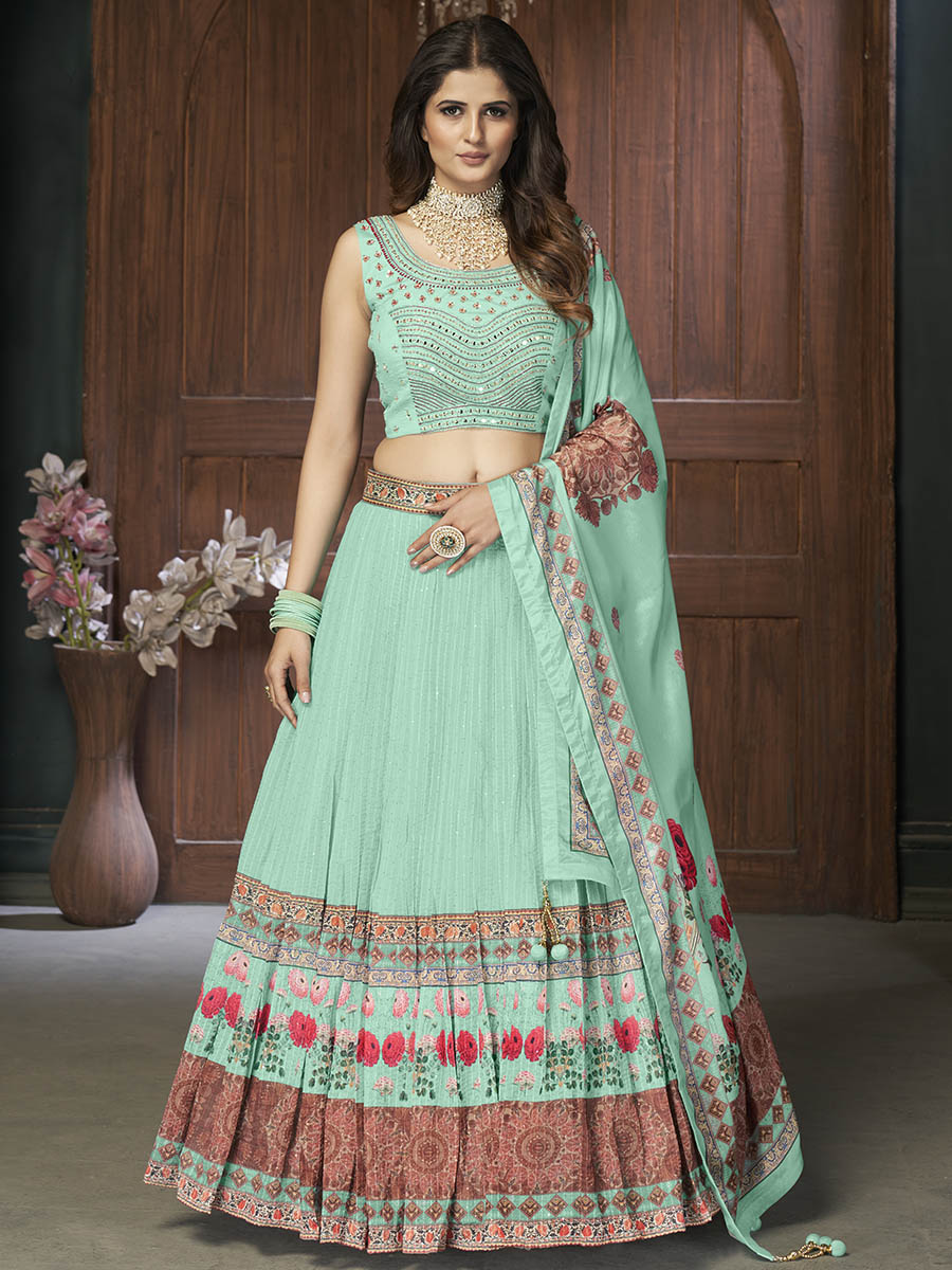 Myra Sea Green Chinon Embroidered Designer Lehenga - Distacart