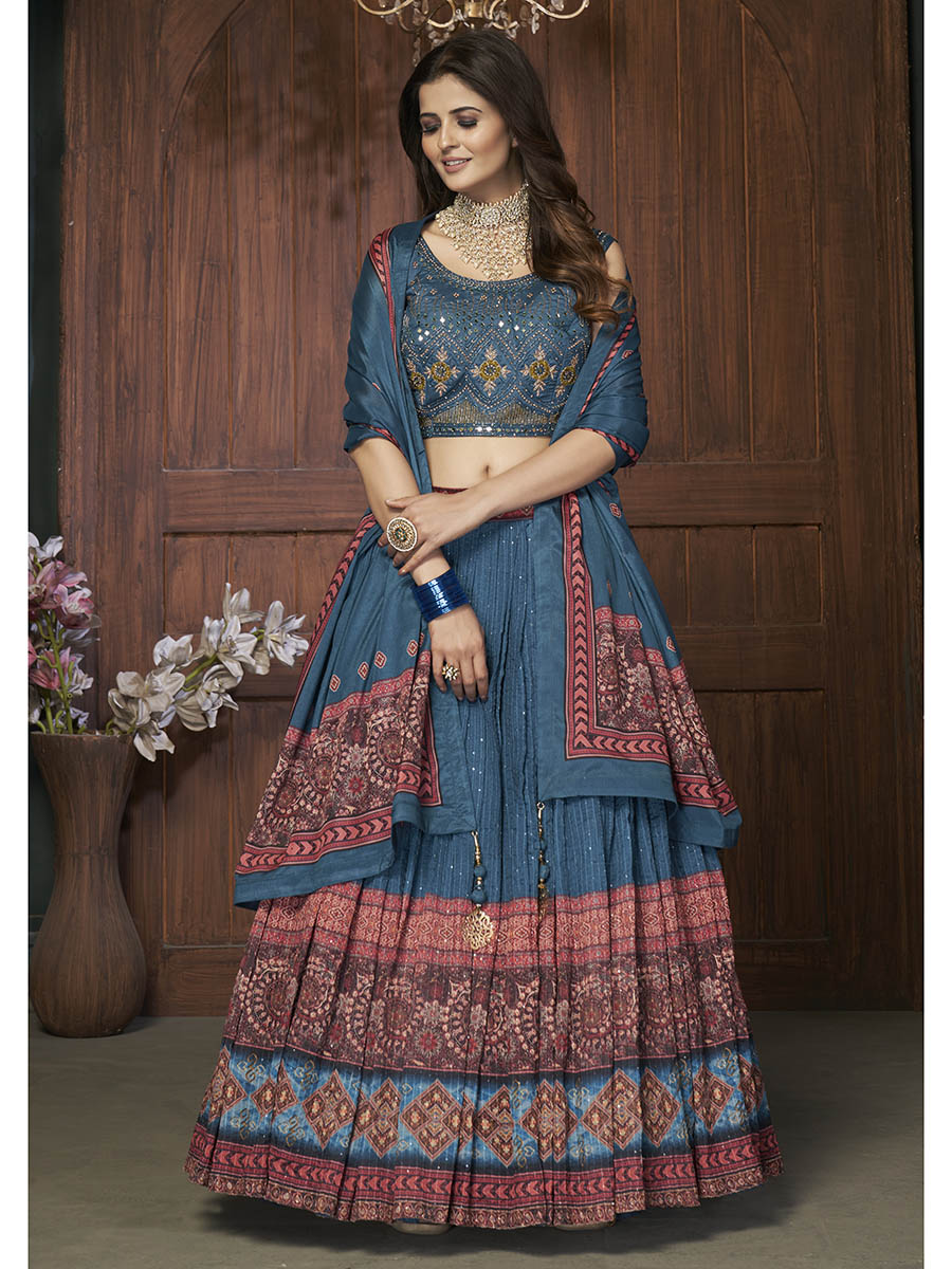 Myra Aequa blue Chinon Embroidered Designer Lehenga - Distacart