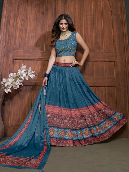 Myra Aequa blue Chinon Embroidered Designer Lehenga - Distacart