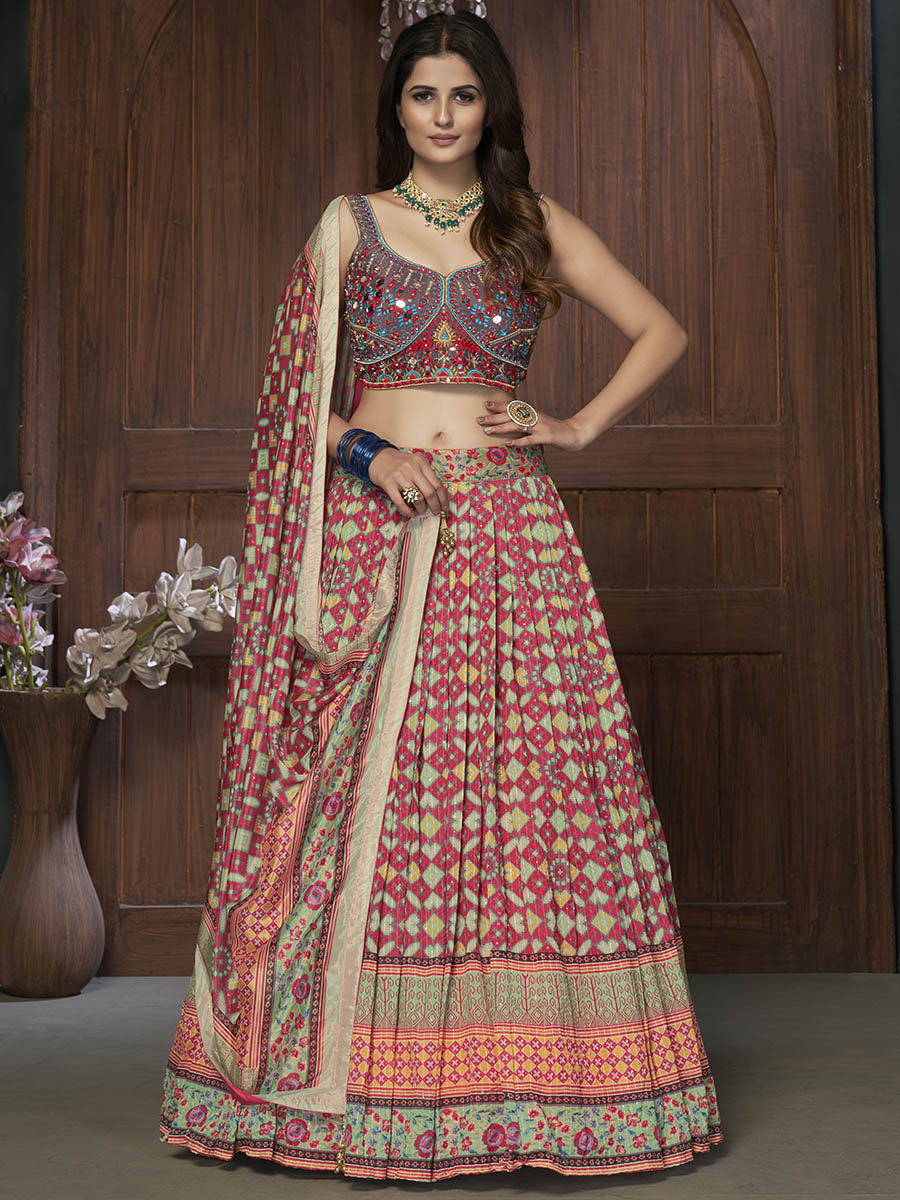 Myra Multicolor Silk and Chinon Embroidered Designer Lehenga - Distacart