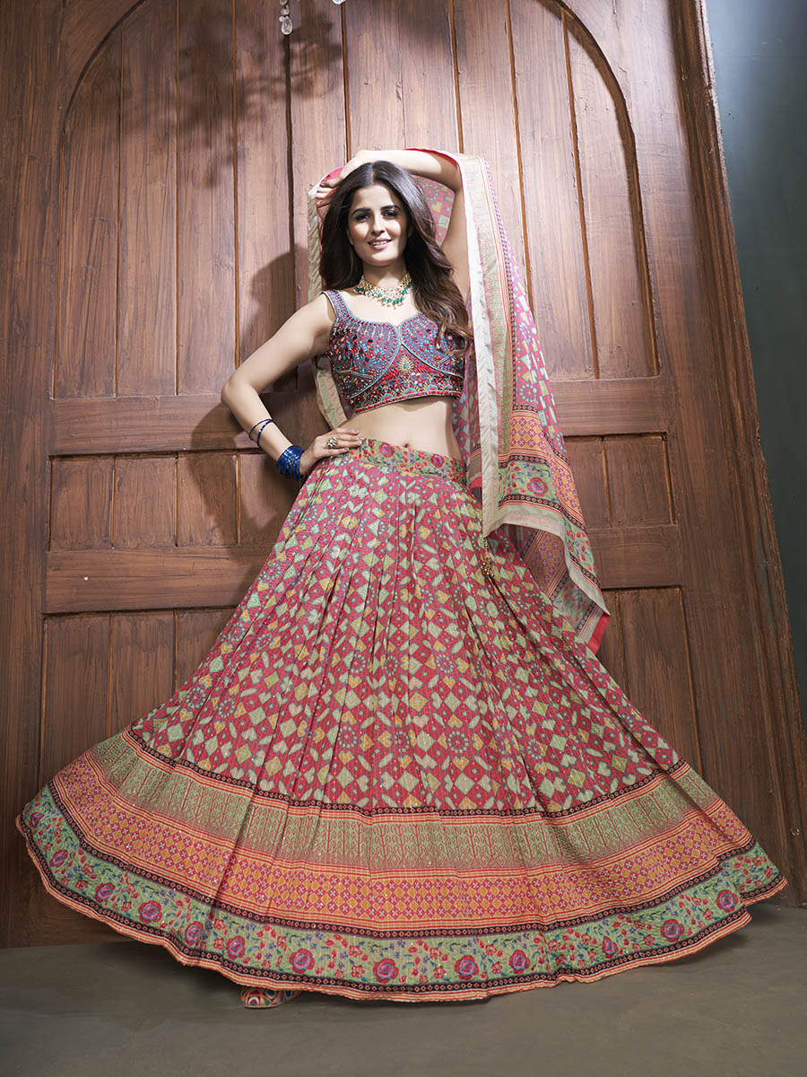 Myra Multicolor Silk and Chinon Embroidered Designer Lehenga - Distacart