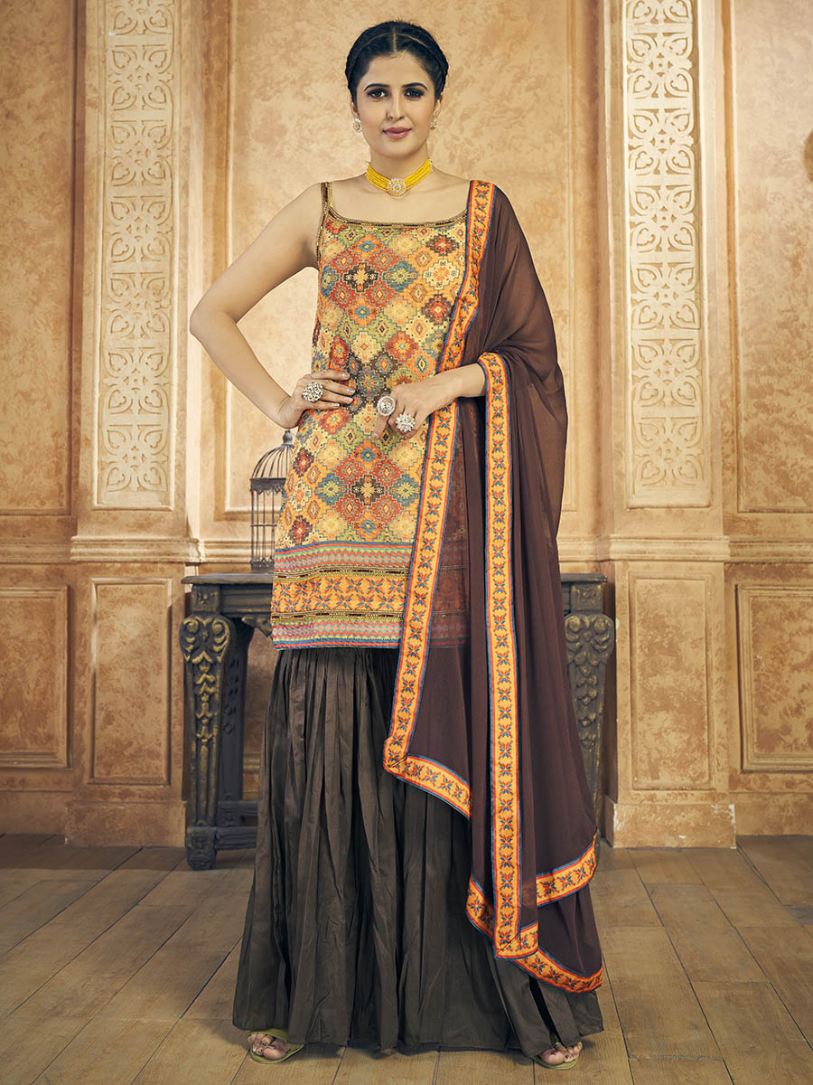 Myra Multi Printed Chinon Silk Designer Suit - Distacart