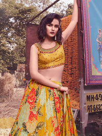 Thumbnail for Myra Yellow Art Silk Embroidered Designer Lehenga - Distacart