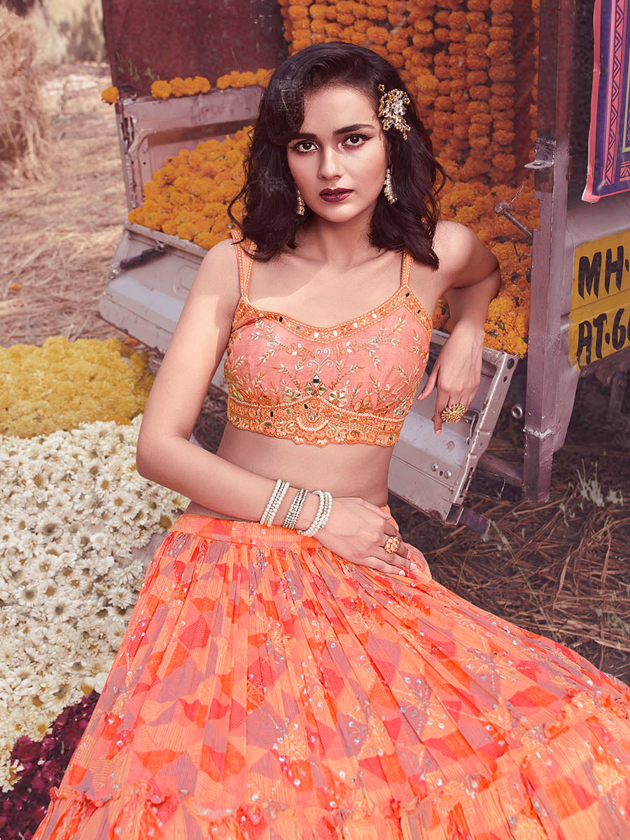 Myra Peach Chinon Embroidered Designer Lehenga - Distacart