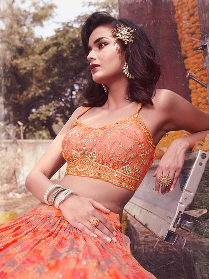 Myra Peach Chinon Embroidered Designer Lehenga - Distacart