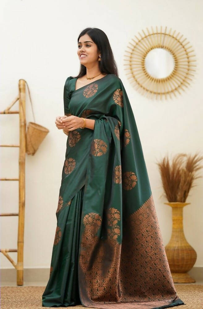 DEIANA'S Beautiful Golden Jari with New Design Soft Lichi Silk Saree - Green - Distacart