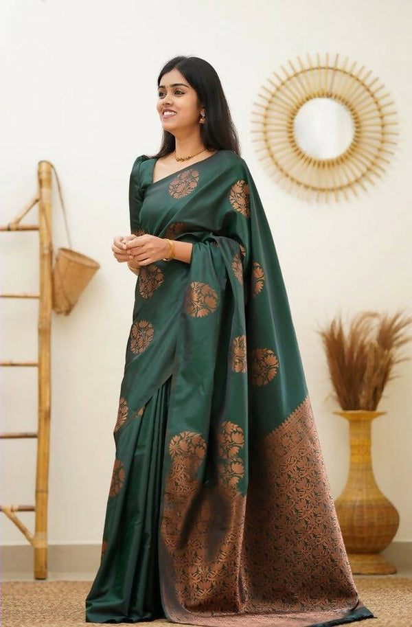 DEIANA'S Beautiful Golden Jari with New Design Soft Lichi Silk Saree - Green - Distacart
