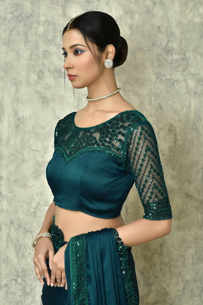 Teal Silk Solid Designer Saree with Blouse - Purvi - Distacart