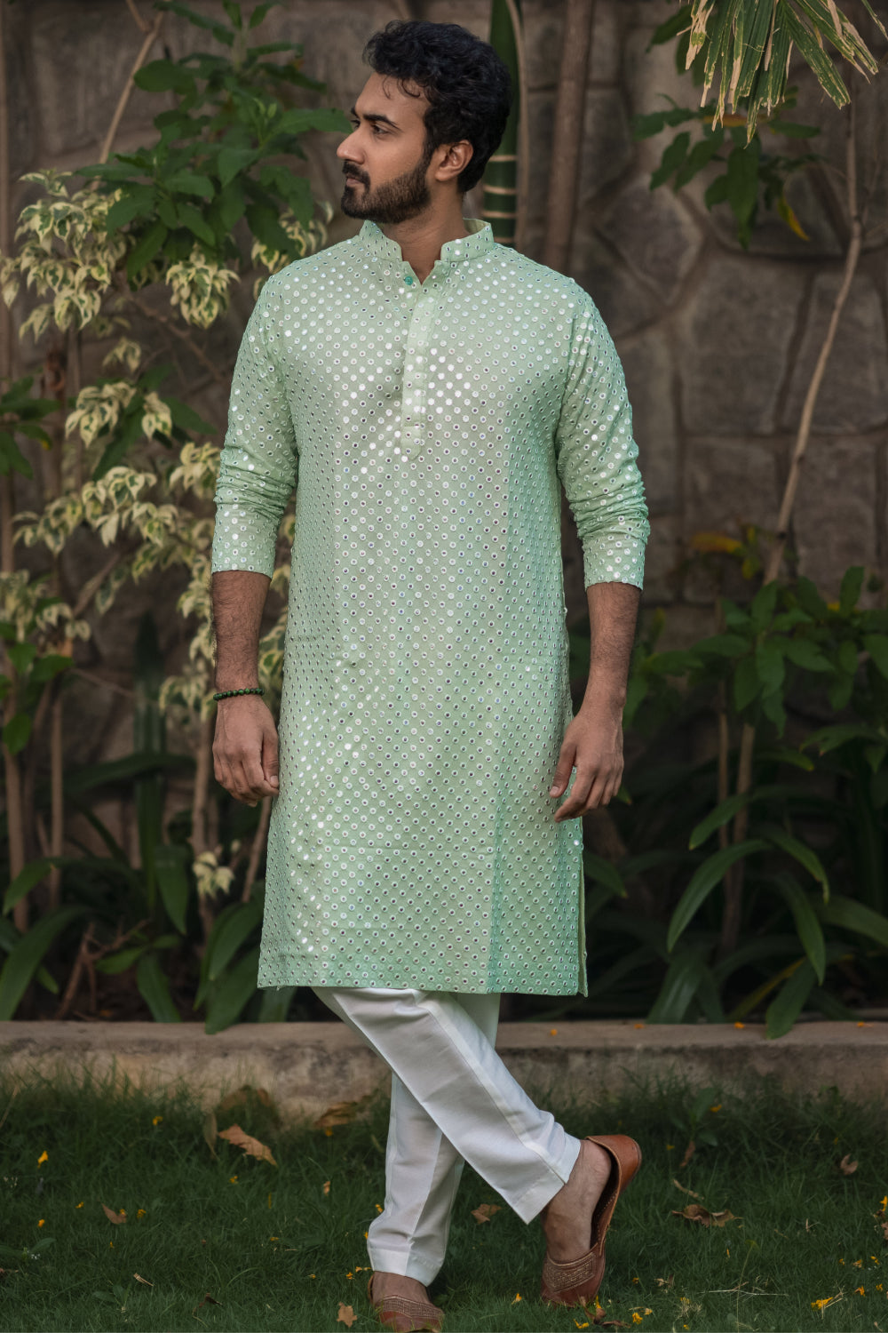 Pista Green Mirror Designer Men's Kurta by Hilo Designs - Distacart