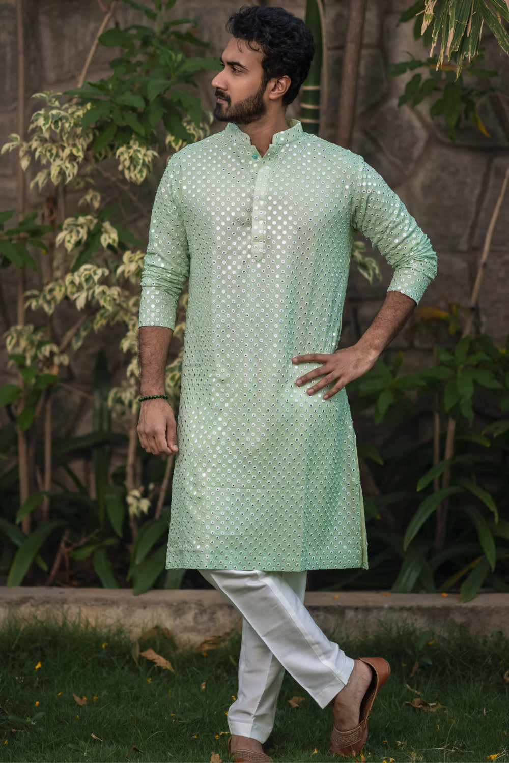 Pista Green Mirror Designer Men's Kurta by Hilo Designs - Distacart