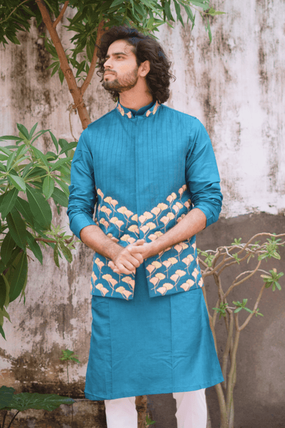 Peacock Blue Designer Men's Nehru Jacket by Hilo Designs - Distacart