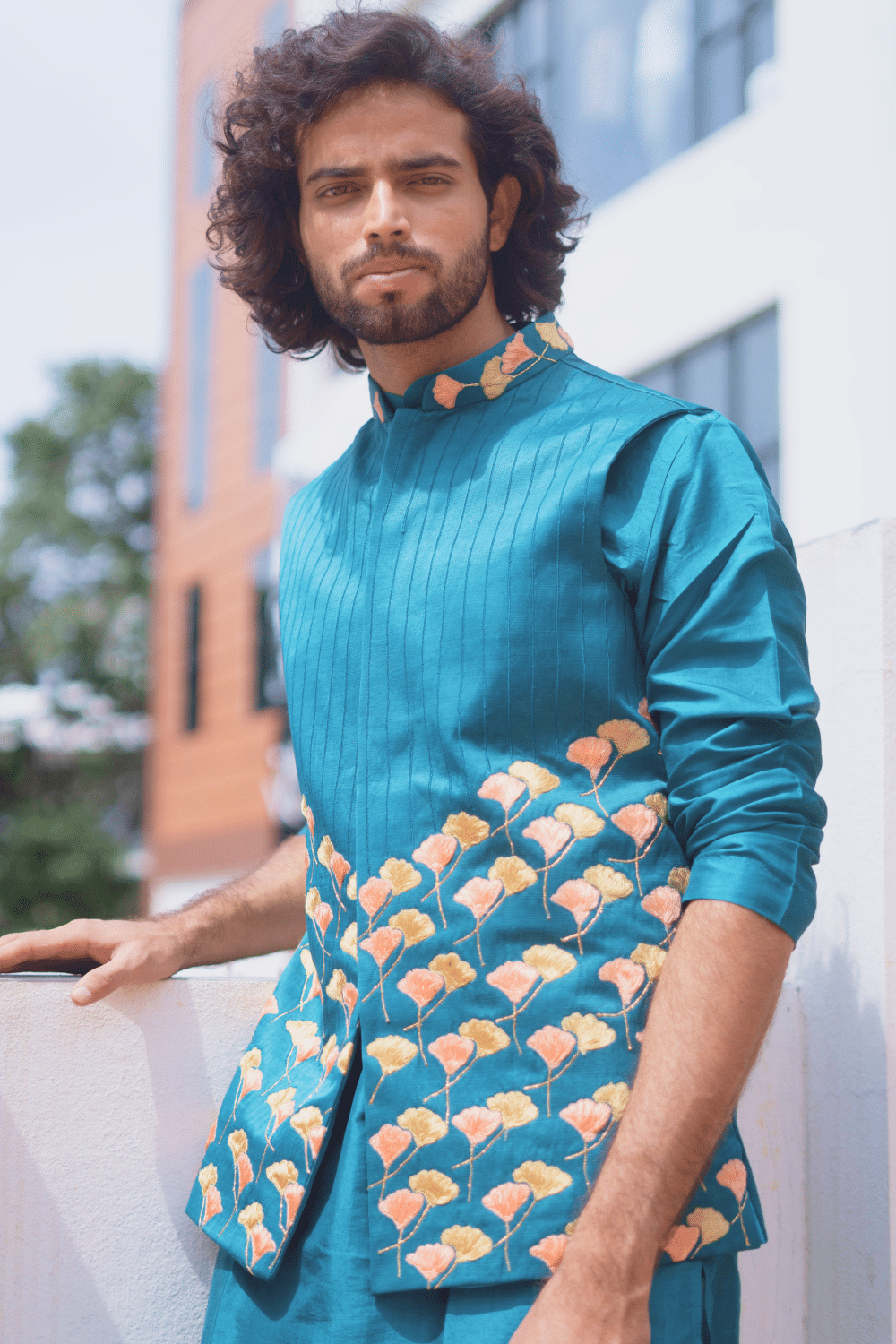 Peacock Blue Designer Men's Nehru Jacket by Hilo Designs - Distacart