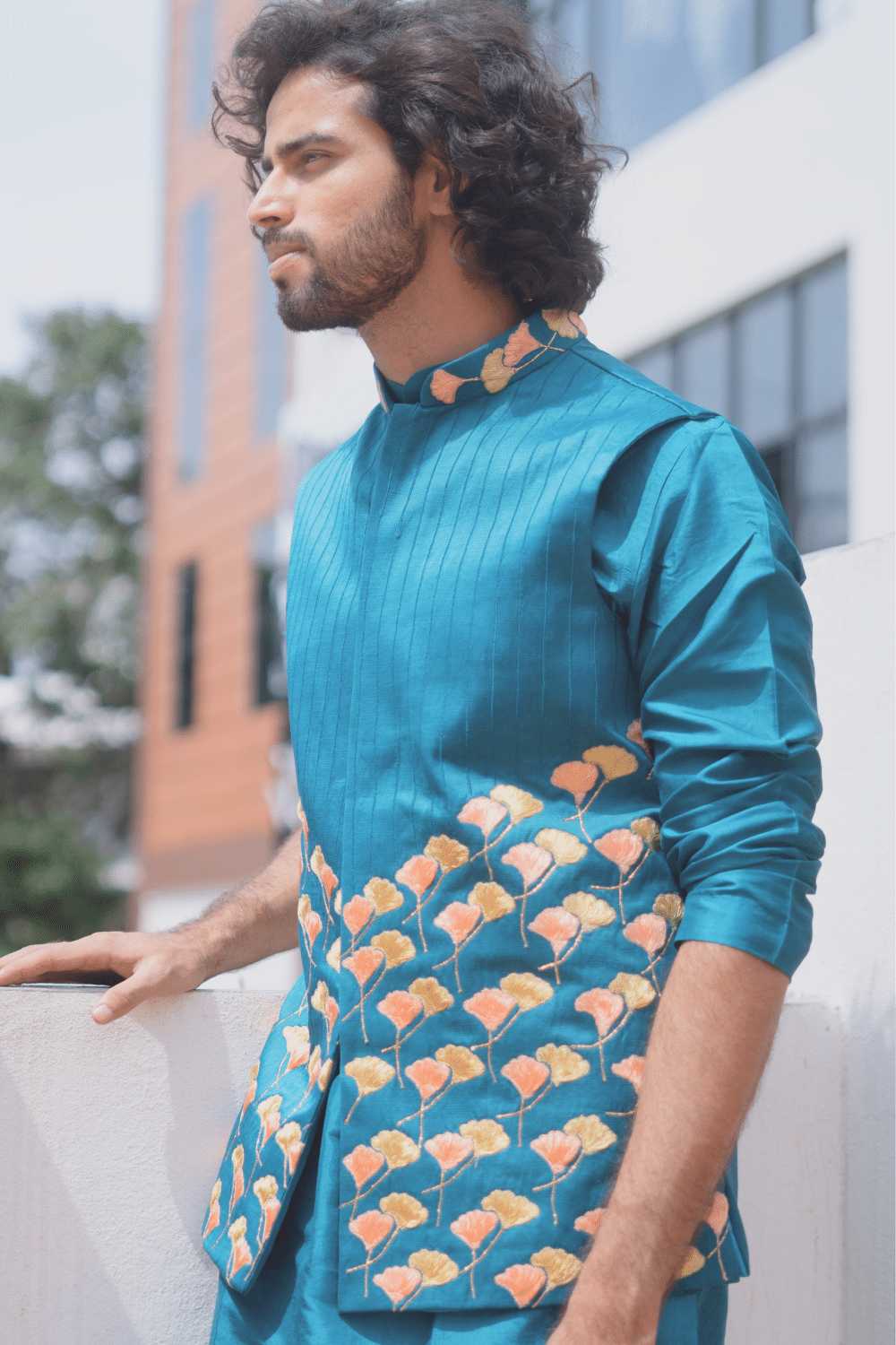 Peacock Blue Designer Men's Nehru Jacket by Hilo Designs - Distacart
