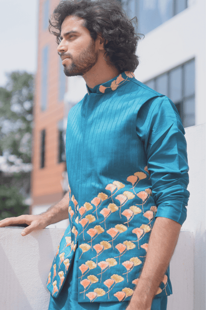 Peacock Blue Designer Men's Nehru Jacket by Hilo Designs - Distacart