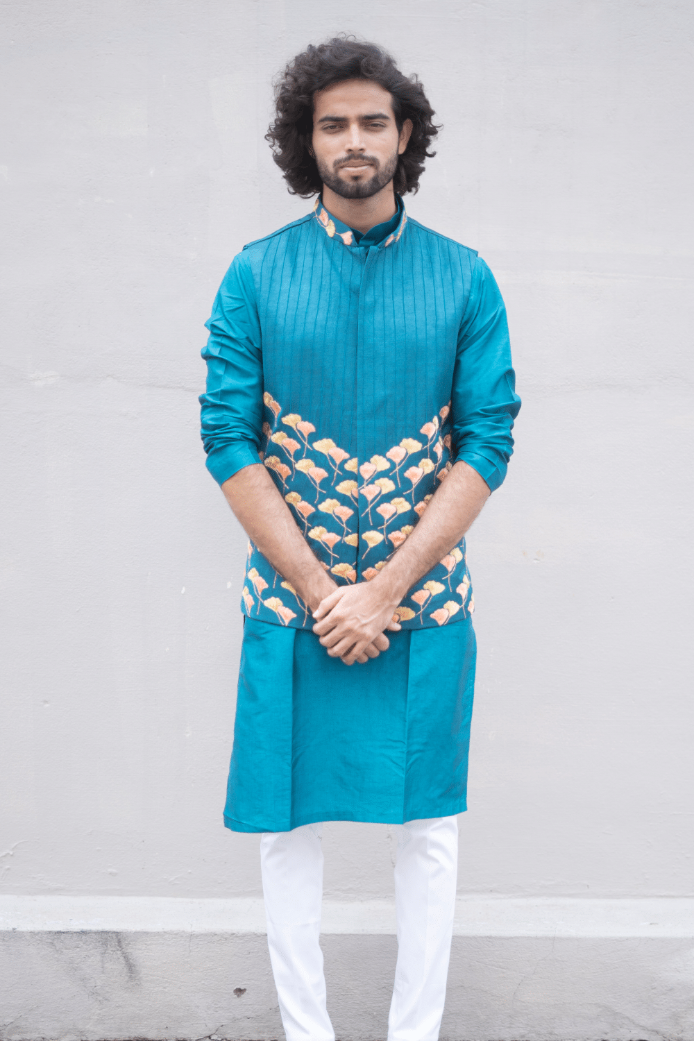 Peacock Blue Designer Men's Nehru Jacket by Hilo Designs - Distacart