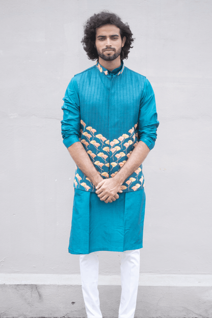 Peacock Blue Designer Men's Nehru Jacket by Hilo Designs - Distacart