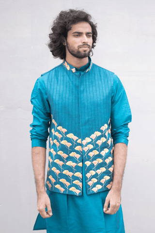 Peacock Blue Designer Men's Nehru Jacket by Hilo Designs - Distacart
