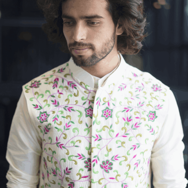 Off White Designer Men's Nehru Jacket by Hilo Designs - Distacart