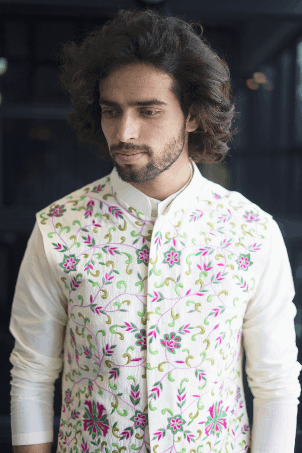 White floral nehru jacket outlet