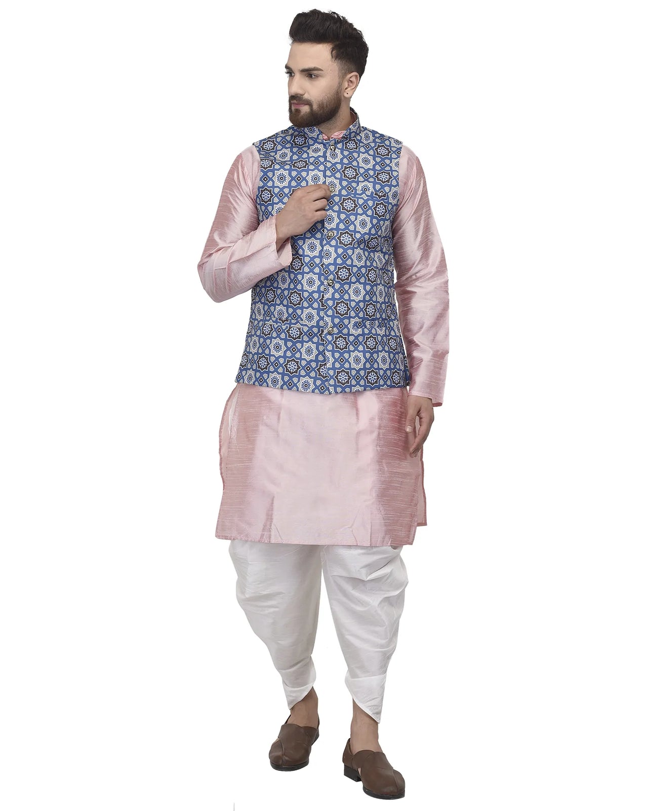 Kalyum Men's Pink Kurta With White Dhoti & Blue Printed Nehru Jacket - Distacart