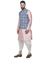 Thumbnail for Kalyum Men's Pink Kurta With White Dhoti & Blue Printed Nehru Jacket - Distacart