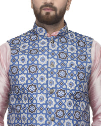 Thumbnail for Kalyum Men's Pink Kurta With White Dhoti & Blue Printed Nehru Jacket - Distacart
