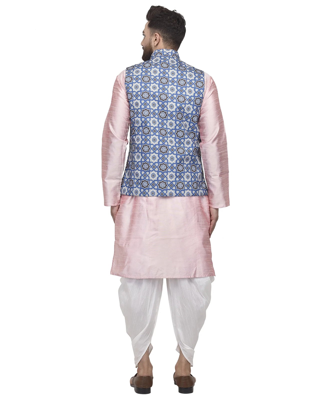 Kalyum Men's Pink Kurta With White Dhoti & Blue Printed Nehru Jacket - Distacart