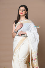 Thumbnail for Very Much Indian Rajsi - Handloom Pure Cotton Paithani With Asawali Pallu - White Golden - Distacart