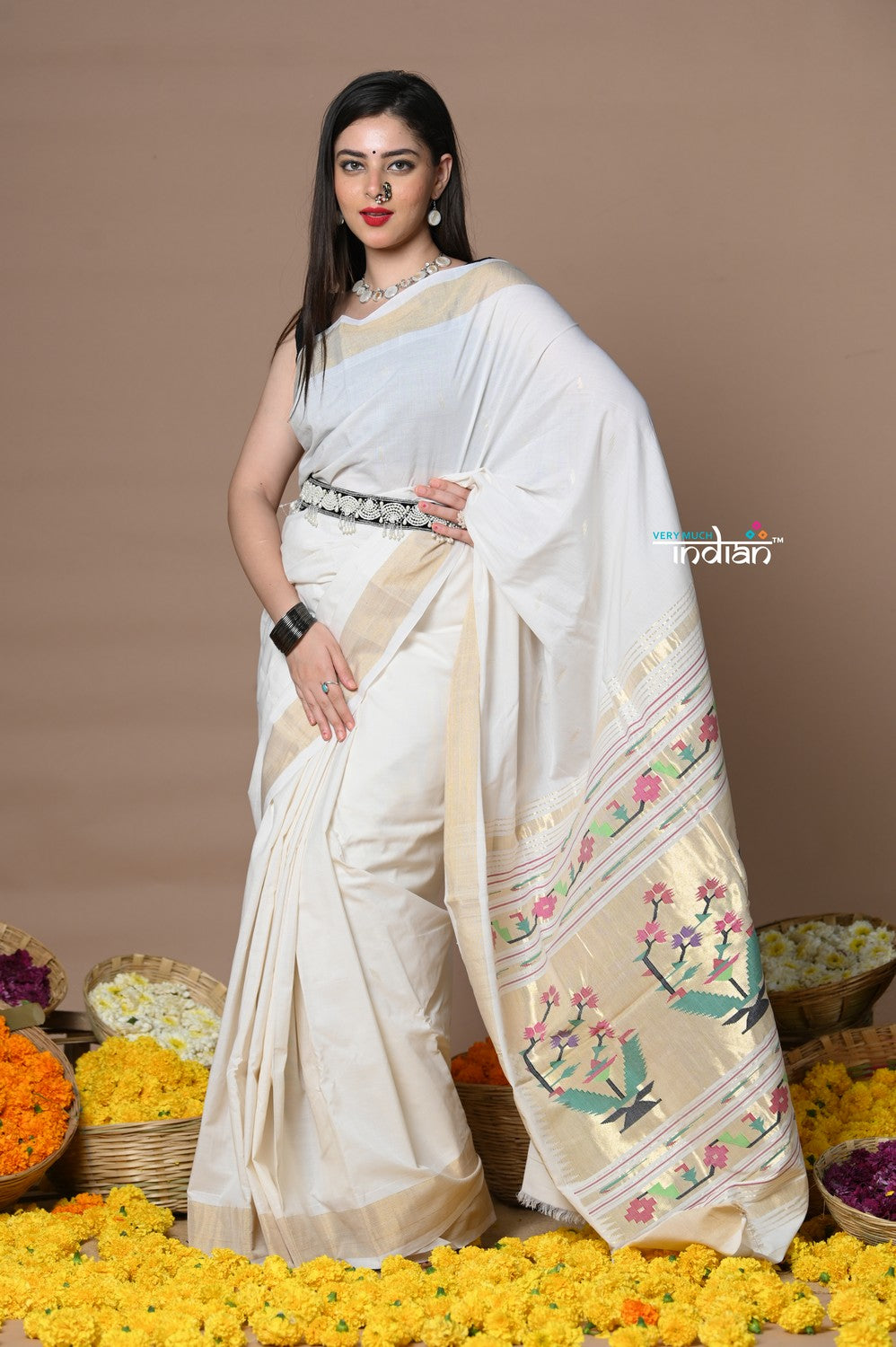 Very Much Indian Rajsi - Handloom Pure Cotton Paithani With Asawali Pallu - White Golden - Distacart