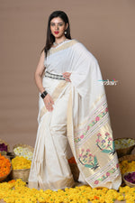 Thumbnail for Very Much Indian Rajsi - Handloom Pure Cotton Paithani With Asawali Pallu - White Golden - Distacart
