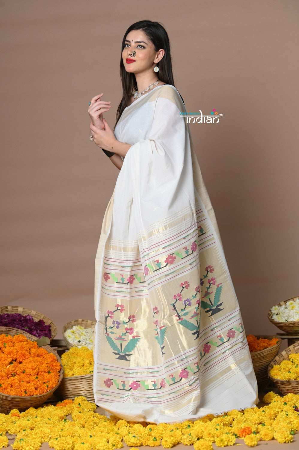 Very Much Indian Rajsi - Handloom Pure Cotton Paithani With Asawali Pallu - White Golden - Distacart