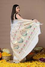 Thumbnail for Very Much Indian Rajsi - Handloom Pure Cotton Paithani With Asawali Pallu - White Golden - Distacart